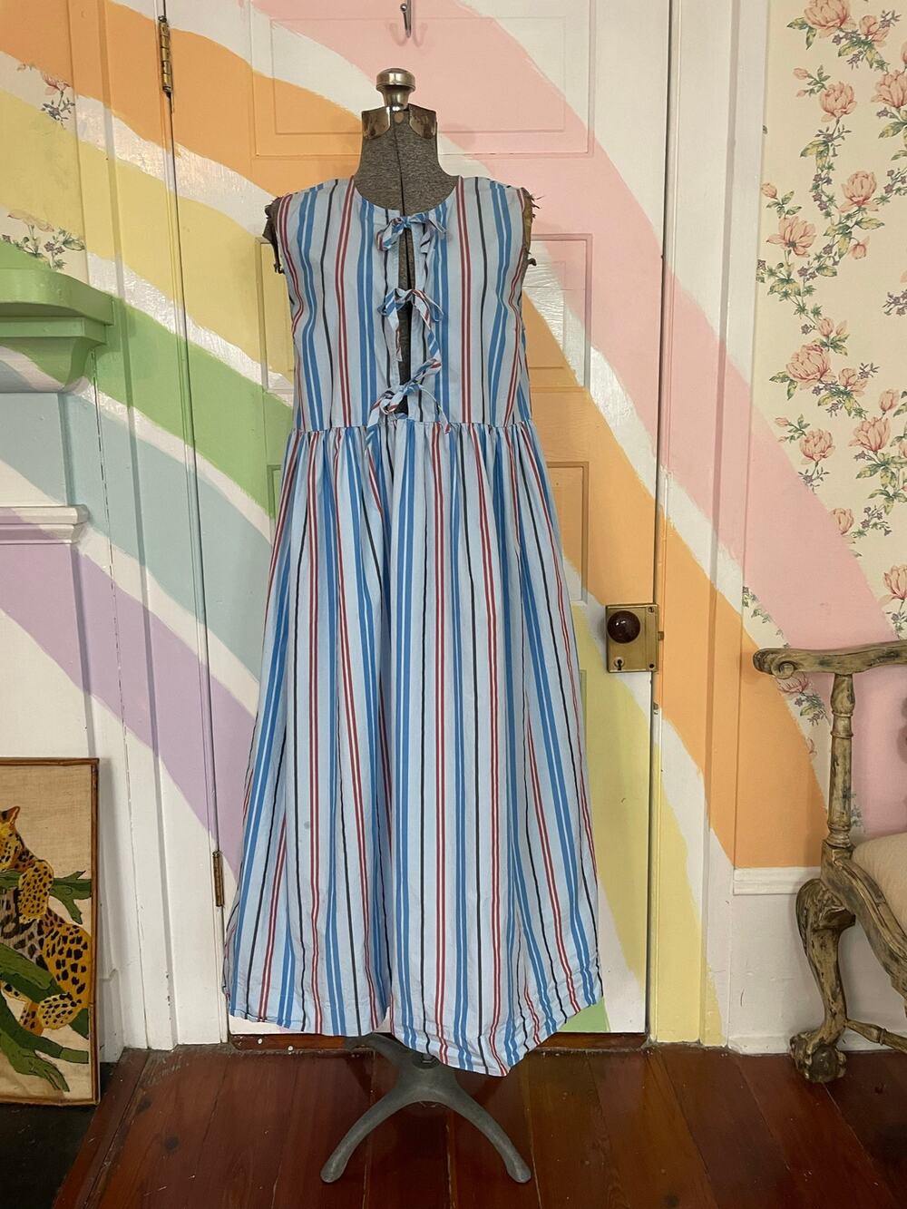 GANNI Organic Cotton Stripe Tie Front Midi Dress EU38